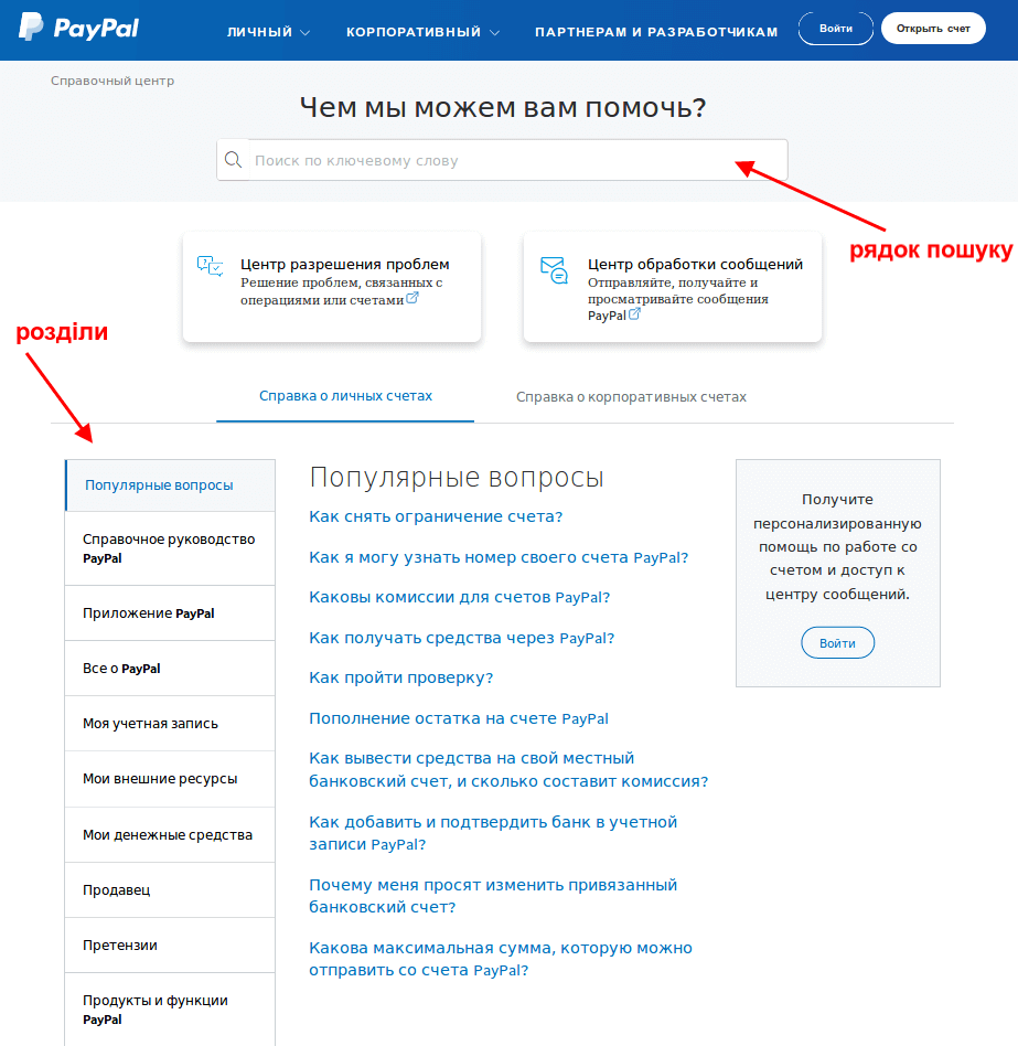 Раздел FAQ на сайте PayPal